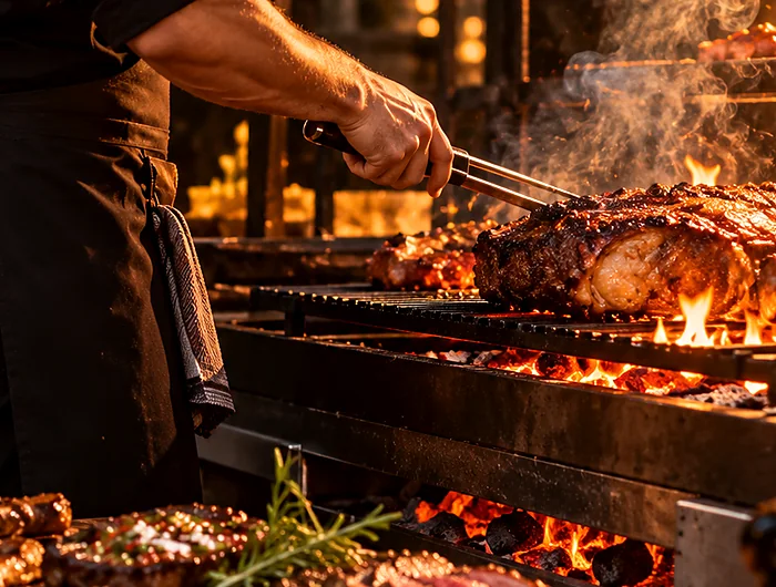 Churrasqueiro preparando carne na brasa, imagem ilustrativa